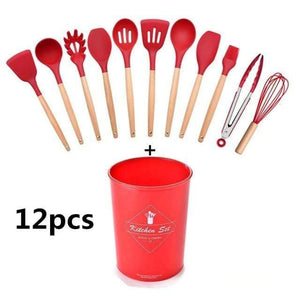 10/11/12/13 PCS Kitchen Utensils Set Red Cooking Utensils Set Silicone Kitchen Tools Gadgets Wooden Spatula Set with Holder box