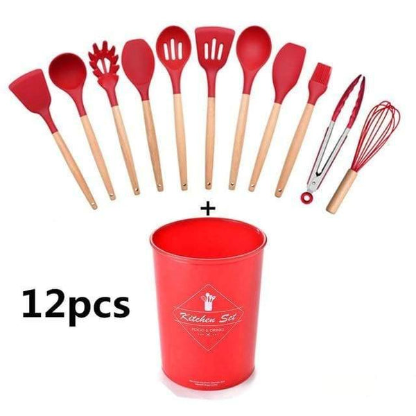 10/11/12/13 PCS Kitchen Utensils Set Red Cooking Utensils Set Silicone Kitchen Tools Gadgets Wooden Spatula Set with Holder box