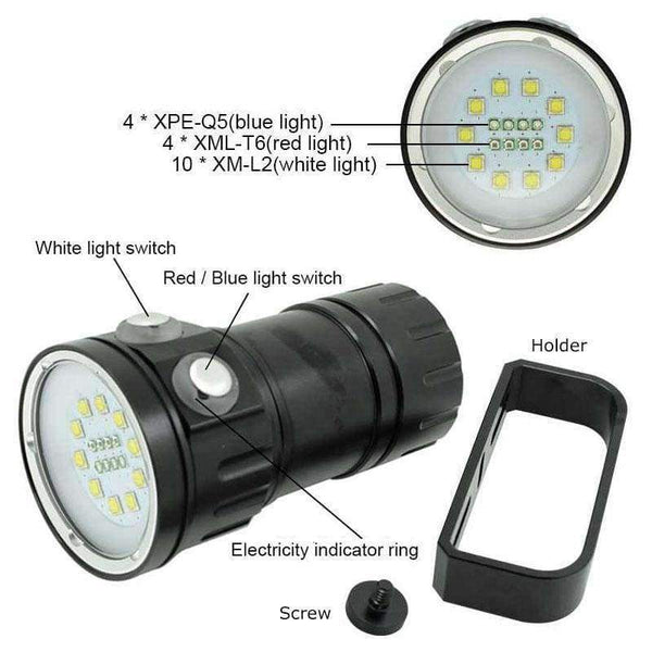 Planet Gates B (14LEDs) Video Light Professional LED Diving Flashlight Photography Torch White Red LED Scuba Photo Lamp+18650 Battery+Charger