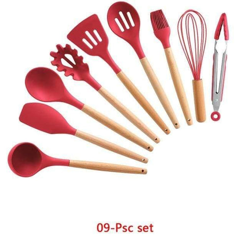 10/11/12/13 PCS Kitchen Utensils Set Red Cooking Utensils Set Silicone Kitchen Tools Gadgets Wooden Spatula Set with Holder box