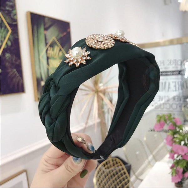 Boutique Hair Accessories Women's Luxury Fabric Gold-rimmed Diamonds Super Flash Middle Knotted Wide-brimmed Headband Hairband