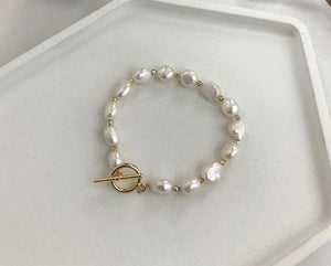 Planet Gates B Korean New Round Buckle Heart-shaped Natural Pearl Gold Plating Bracelets for Women Girls Party Jewelry Gifts