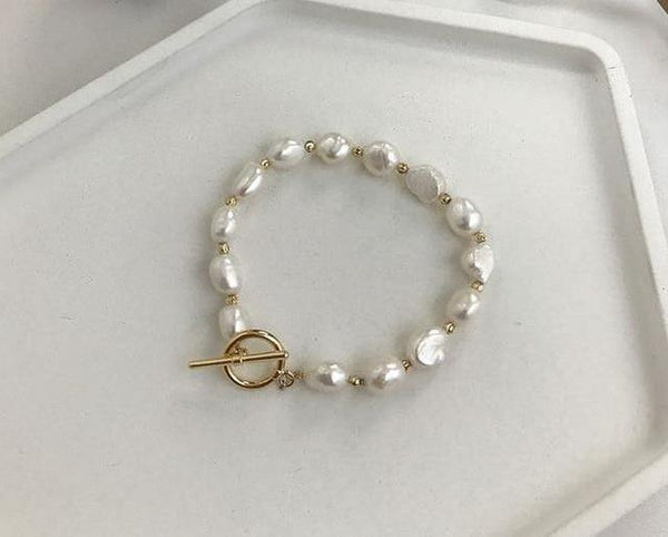 Planet Gates B Korean New Round Buckle Heart-shaped Natural Pearl Gold Plating Bracelets for Women Girls Party Jewelry Gifts