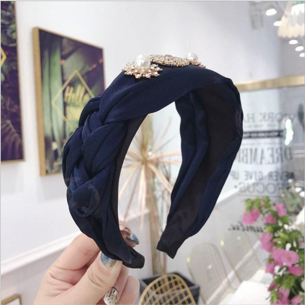Boutique Hair Accessories Women's Luxury Fabric Gold-rimmed Diamonds Super Flash Middle Knotted Wide-brimmed Headband Hairband