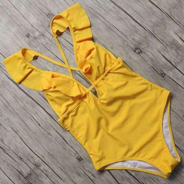Planet Gates B1899YE / L Swimsuit Women Ruffle Solid Swimwear Sexy Bathing Suit Monokini Backless Swimming Bodysuit maillot de bain femme 2018