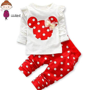 Planet Gates Baby Girls Sport Clothes Sets for Toddler Cotton Print Mickey T-Shirt+Polka Dot Pants Suit Kids Tops Trousers Cloting
