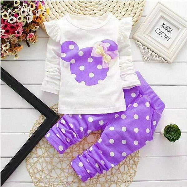 Planet Gates Baby Girls Sport Clothes Sets for Toddler Cotton Print Mickey T-Shirt+Polka Dot Pants Suit Kids Tops Trousers Cloting