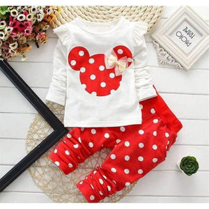 Planet Gates Baby Girls Sport Clothes Sets for Toddler Cotton Print Mickey T-Shirt+Polka Dot Pants Suit Kids Tops Trousers Cloting