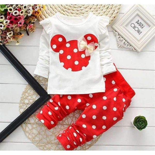 Planet Gates Baby Girls Sport Clothes Sets for Toddler Cotton Print Mickey T-Shirt+Polka Dot Pants Suit Kids Tops Trousers Cloting