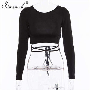 Planet Gates Backless lace up female t-shirt 2018 autumn fashion long sleeve crop top t-shirts for women sexy slim black tee shirt