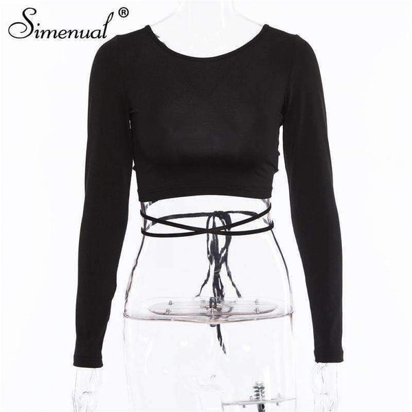 Planet Gates Backless lace up female t-shirt 2018 autumn fashion long sleeve crop top t-shirts for women sexy slim black tee shirt
