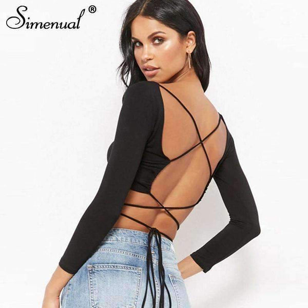 Planet Gates Backless lace up female t-shirt 2018 autumn fashion long sleeve crop top t-shirts for women sexy slim black tee shirt