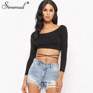 Planet Gates Backless lace up female t-shirt 2018 autumn fashion long sleeve crop top t-shirts for women sexy slim black tee shirt