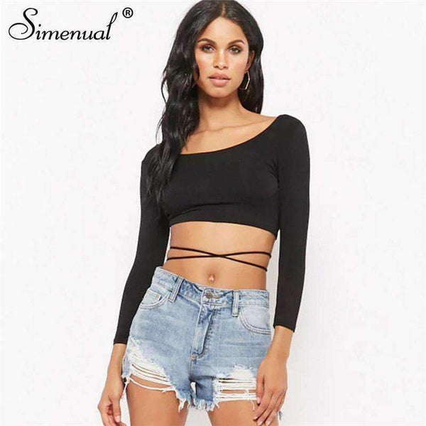Planet Gates Backless lace up female t-shirt 2018 autumn fashion long sleeve crop top t-shirts for women sexy slim black tee shirt