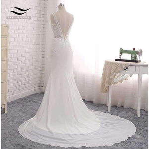 Planet Gates Backless Sexy Chiffon Chapel Train Long Cap Sleeves Wedding Dress Mermaid Real Photos Bridal Gown 2018 SLD-W593