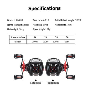 Planet Gates Baitcasting Reel BT2000 8kg Drag SFS Double Brake System Saltwater Reel 6.3:1 High Speed Metal Spare Spool Fishing Reel