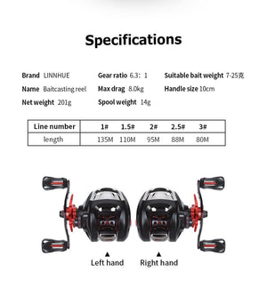 Planet Gates Baitcasting Reel BT2000 8kg Drag SFS Double Brake System Saltwater Reel 6.3:1 High Speed Metal Spare Spool Fishing Reel