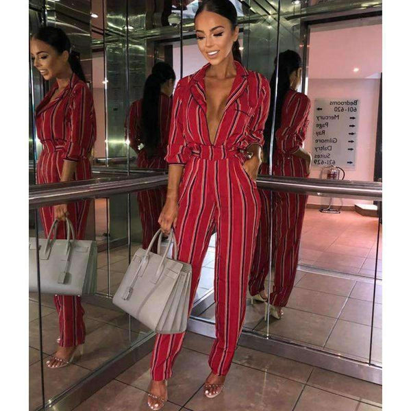 Planet Gates BALCK / L Fashion striped printed jumpsuits for women 2018 Half sleeve turn down collar long rompers womens jumpsuit Autumn new overalls