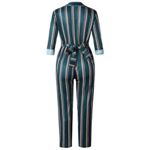Planet Gates BALCK / L Fashion striped printed jumpsuits for women 2018 Half sleeve turn down collar long rompers womens jumpsuit Autumn new overalls