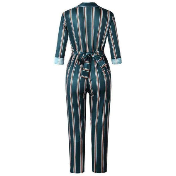 Planet Gates BALCK / L Fashion striped printed jumpsuits for women 2018 Half sleeve turn down collar long rompers womens jumpsuit Autumn new overalls