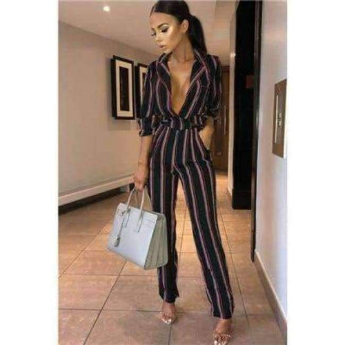 Planet Gates BALCK / L Fashion striped printed jumpsuits for women 2018 Half sleeve turn down collar long rompers womens jumpsuit Autumn new overalls