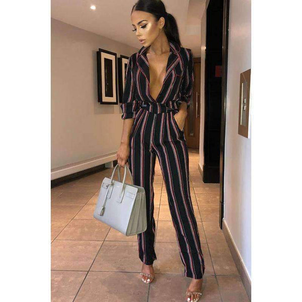 Planet Gates BALCK / L Fashion striped printed jumpsuits for women 2018 Half sleeve turn down collar long rompers womens jumpsuit Autumn new overalls