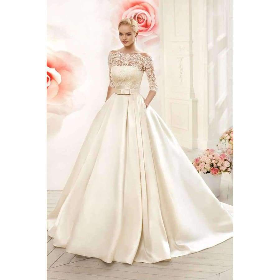 Planet Gates Ball Gown Lace Wedding Dresses 2016 Satin With Jacket See Though 1/2 Sleeves Sweep Train Bridal Wedding Gown Custom made