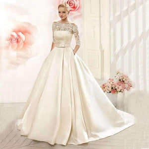 Planet Gates Ball Gown Lace Wedding Dresses 2016 Satin With Jacket See Though 1/2 Sleeves Sweep Train Bridal Wedding Gown Custom made