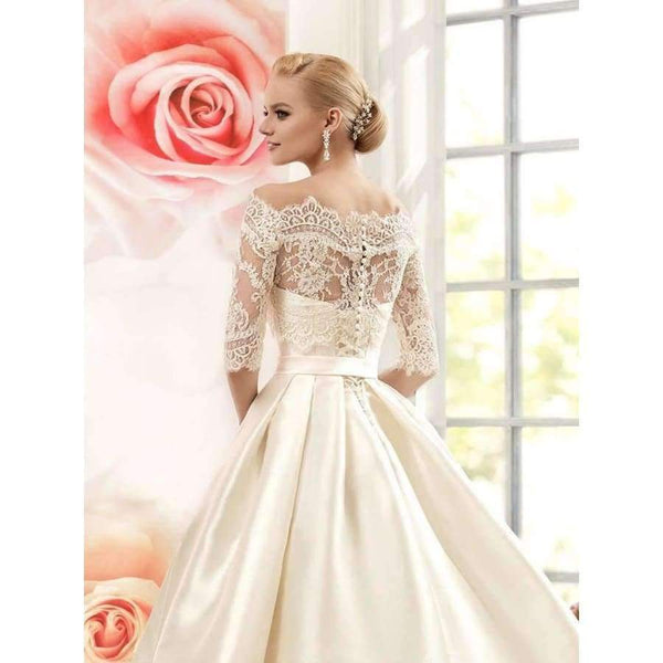 Planet Gates Ball Gown Lace Wedding Dresses 2016 Satin With Jacket See Though 1/2 Sleeves Sweep Train Bridal Wedding Gown Custom made