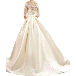 Planet Gates Ball Gown Lace Wedding Dresses 2016 Satin With Jacket See Though 1/2 Sleeves Sweep Train Bridal Wedding Gown Custom made