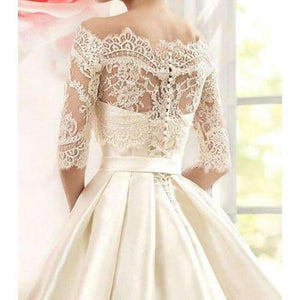 Planet Gates Ball Gown Lace Wedding Dresses 2016 Satin With Jacket See Though 1/2 Sleeves Sweep Train Bridal Wedding Gown Custom made