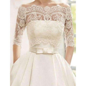 Planet Gates Ball Gown Lace Wedding Dresses 2016 Satin With Jacket See Though 1/2 Sleeves Sweep Train Bridal Wedding Gown Custom made