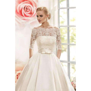 Planet Gates Ball Gown Lace Wedding Dresses 2016 Satin With Jacket See Though 1/2 Sleeves Sweep Train Bridal Wedding Gown Custom made