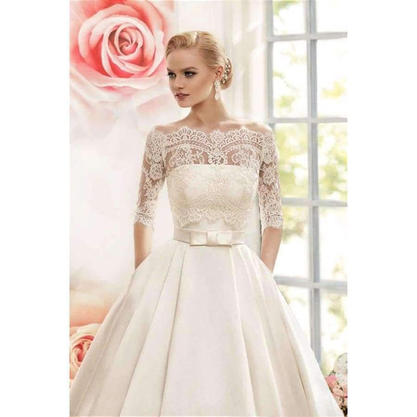 Planet Gates Ball Gown Lace Wedding Dresses 2016 Satin With Jacket See Though 1/2 Sleeves Sweep Train Bridal Wedding Gown Custom made