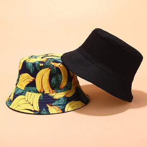 Planet Gates banana / head 55-59cm Panama Bucket Hats Women Men Reversible Fruit Banana Watermelon Cherry Print Fisherman Hat Casual Harajuku Hip Hop Bucket Cap
