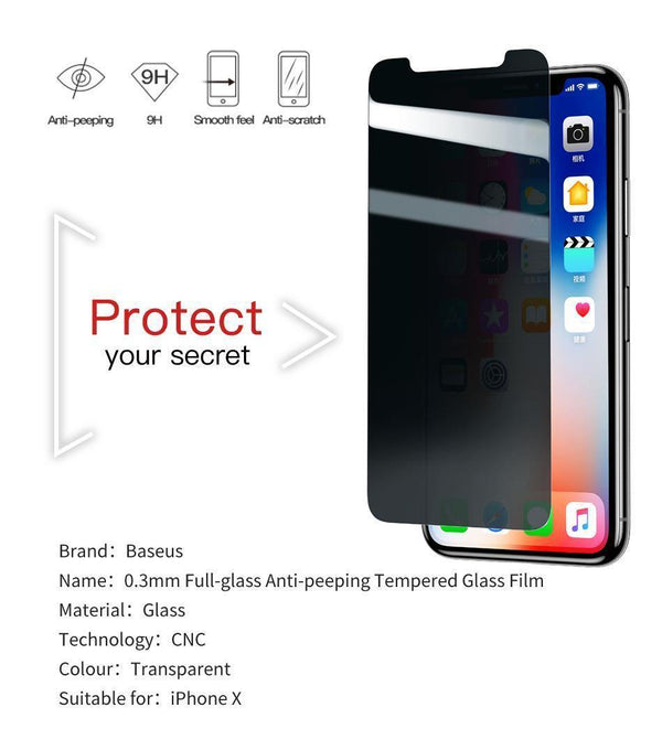 Planet Gates Baseus 0.3mm Anti Spy Tempered Glass For iPhone X 10 Privacy Screen Protector For iPhoneX Anti Peeping Film Protective Glass