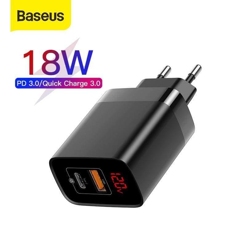 Baseus 18W Dual USB Fast Charger Quick Charge 3.0 USB C PD Charger with Digital Display Double USB Ports Charger For Phone