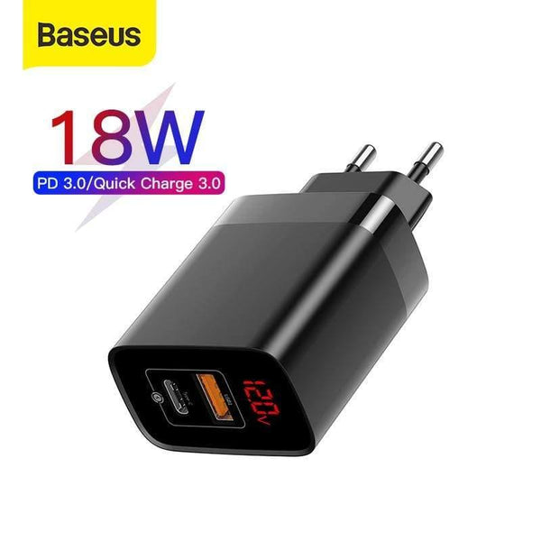 Baseus 18W Dual USB Fast Charger Quick Charge 3.0 USB C PD Charger with Digital Display Double USB Ports Charger For Phone