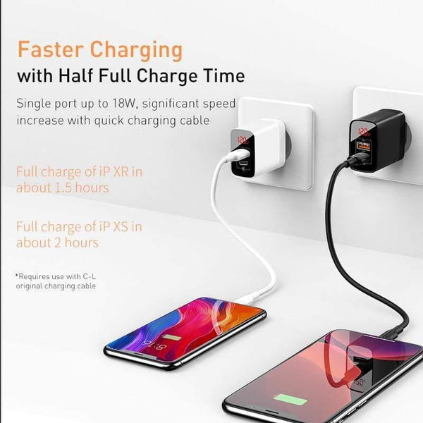 Baseus 18W Dual USB Fast Charger Quick Charge 3.0 USB C PD Charger with Digital Display Double USB Ports Charger For Phone