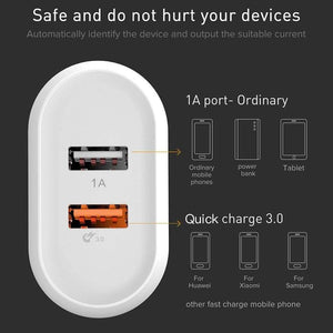 Baseus 18W Quick Charge 3.0 Fast Charger Portable Dual USB Ports Charger QC 3.0 Wall Adapter Charger EU Plug (QC 3.0 USB CHARGER)