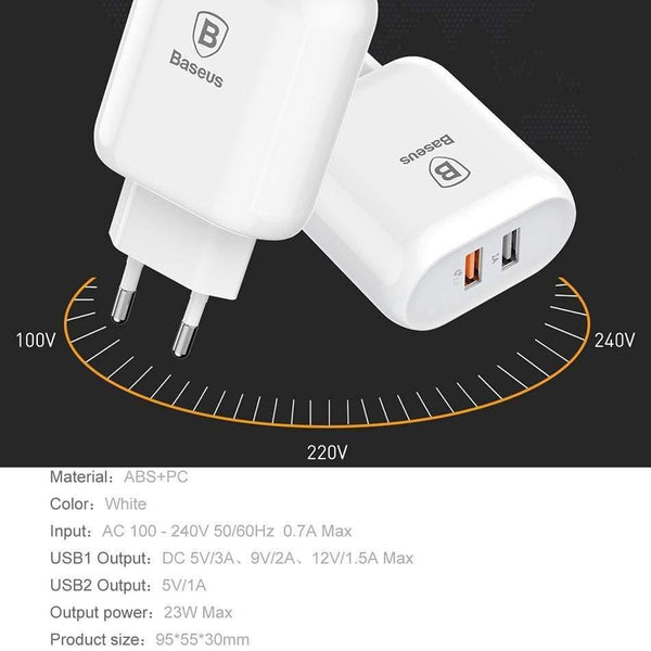 Baseus 18W Quick Charge 3.0 Fast Charger Portable Dual USB Ports Charger QC 3.0 Wall Adapter Charger EU Plug (QC 3.0 USB CHARGER)