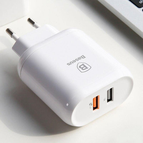 Baseus 18W Quick Charge 3.0 Fast Charger Portable Dual USB Ports Charger QC 3.0 Wall Adapter Charger EU Plug (QC 3.0 USB CHARGER)