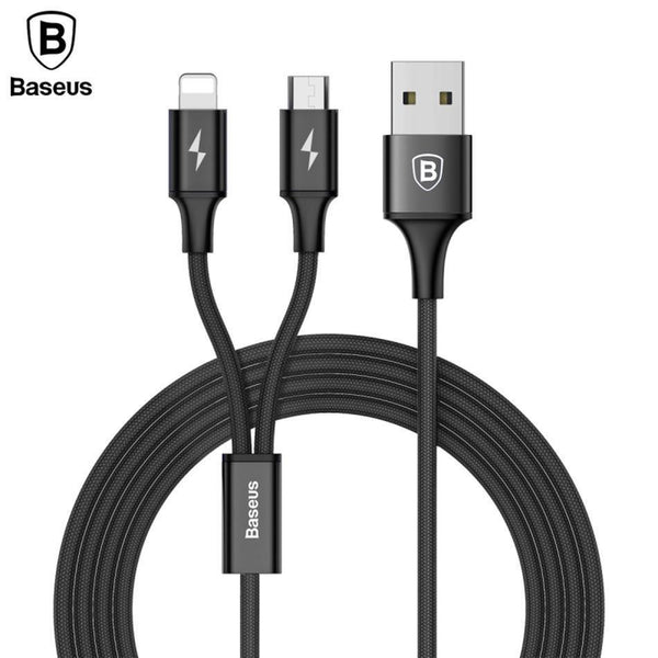 Planet Gates Baseus 2 in 1 USB Cable, Charging Cable For iPhone X USB Charger Cable For Xiaomi Redmi 4X Note 4X Mobile Phone Micro USB Cable