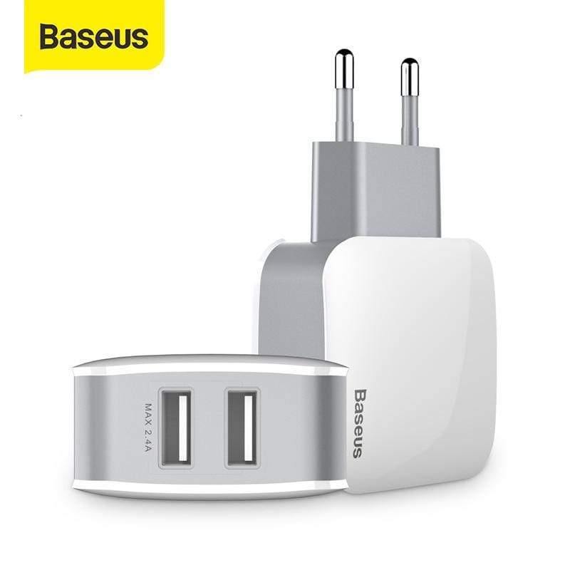 Baseus 2 Ports USB Charger EU Plug 5V 2.4A Wall Adapter Charger Dual USB Port Portable Phone Charger (White 2 PORTS USB CHARGER)