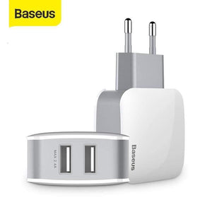 Baseus 2 Ports USB Charger EU Plug 5V 2.4A Wall Adapter Charger Dual USB Port Portable Phone Charger (White 2 PORTS USB CHARGER)
