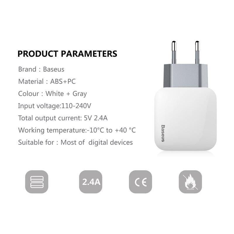 Baseus 2 Ports USB Charger EU Plug 5V 2.4A Wall Adapter Charger Dual USB Port Portable Phone Charger (White 2 PORTS USB CHARGER)