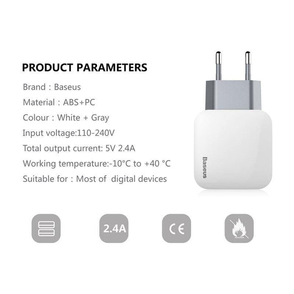 Baseus 2 Ports USB Charger EU Plug 5V 2.4A Wall Adapter Charger Dual USB Port Portable Phone Charger (White 2 PORTS USB CHARGER)