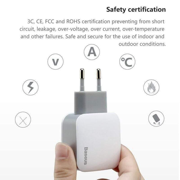 Baseus 2 Ports USB Charger EU Plug 5V 2.4A Wall Adapter Charger Dual USB Port Portable Phone Charger (White 2 PORTS USB CHARGER)