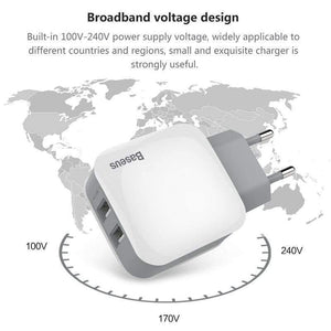 Baseus 2 Ports USB Charger EU Plug 5V 2.4A Wall Adapter Charger Dual USB Port Portable Phone Charger (White 2 PORTS USB CHARGER)