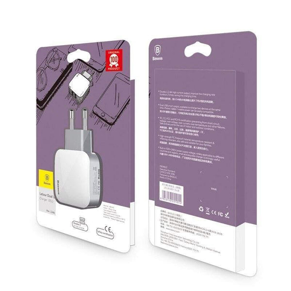 Baseus 2 Ports USB Charger EU Plug 5V 2.4A Wall Adapter Charger Dual USB Port Portable Phone Charger (White 2 PORTS USB CHARGER)